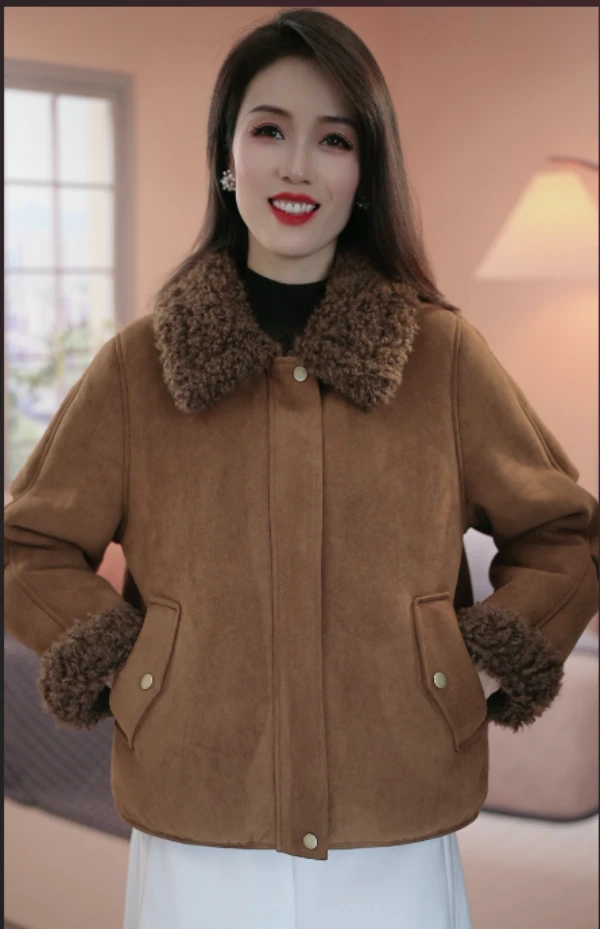 2025冬季新款颗粒绒时尚气质韩版潮流皮毛一体加绒短外套大衣