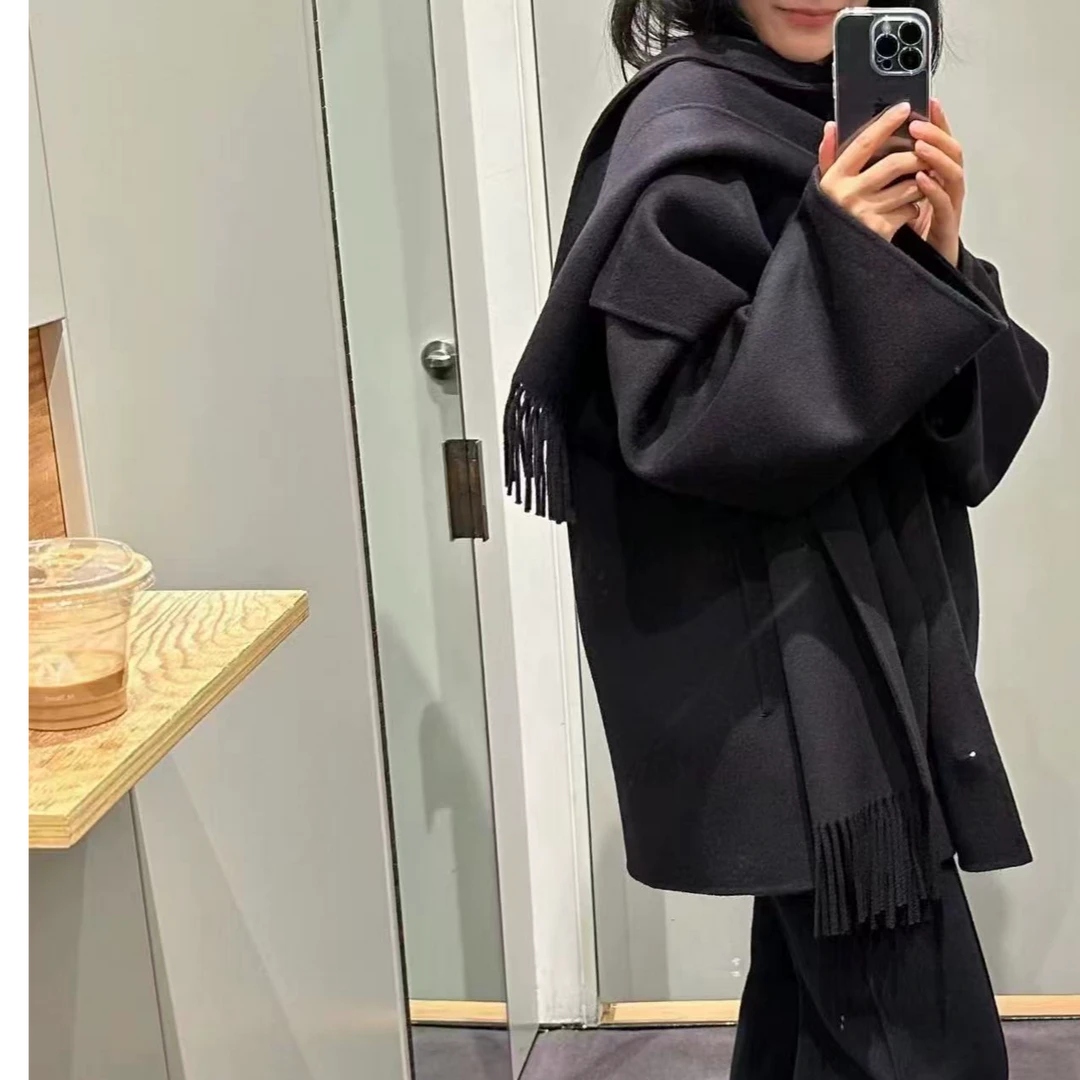 2301爱丁堡大小姐 流苏围巾款中长斗篷双面羊毛大衣