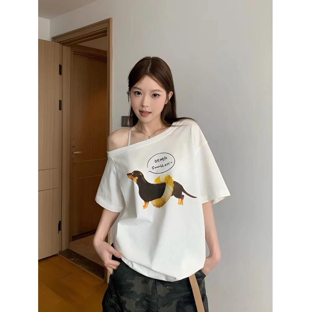 【UBKA】美式斜肩短袖T恤女夏季新款宽松辣妹风显瘦设计感露肩上衣