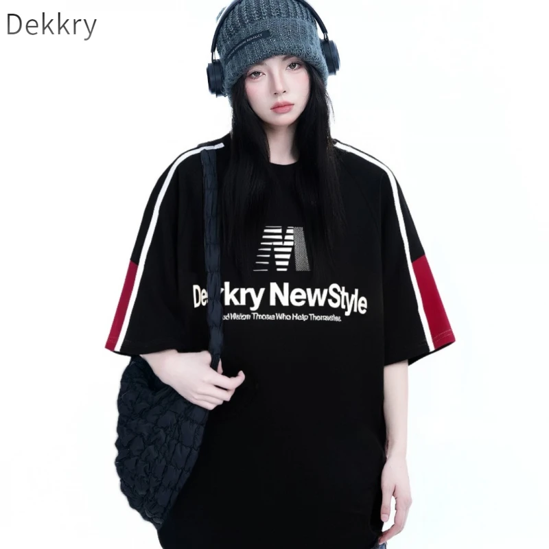 Dekkry字母拼接短袖印花日常夏季T恤上衣黑色休闲半袖宽松情侣
