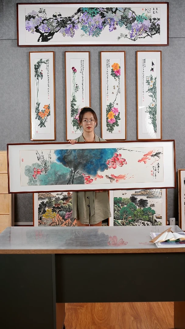 国画阿里丁《连年生金》含框162*47厘米