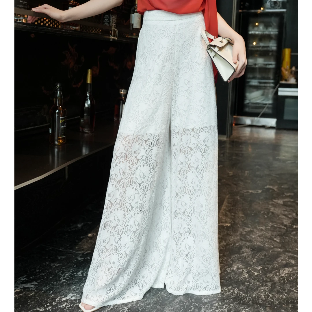 MD进进原创【缪斯女神】2025夏季显瘦气质蕾丝时尚拼接收腰蕾丝长裤