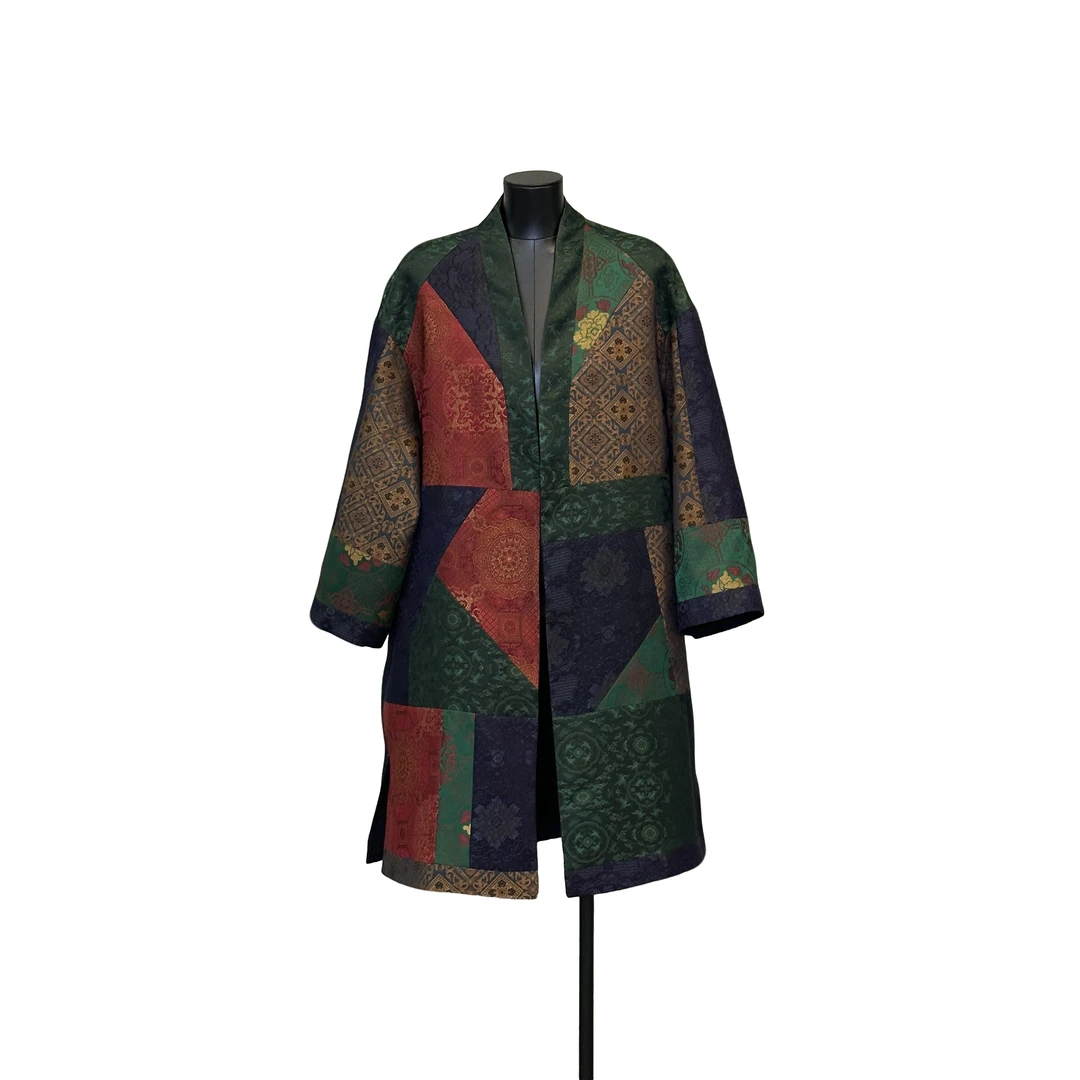 「利琪高订」国风百纳新中式重磅宋锦拼接设计师款风衣外套A5974