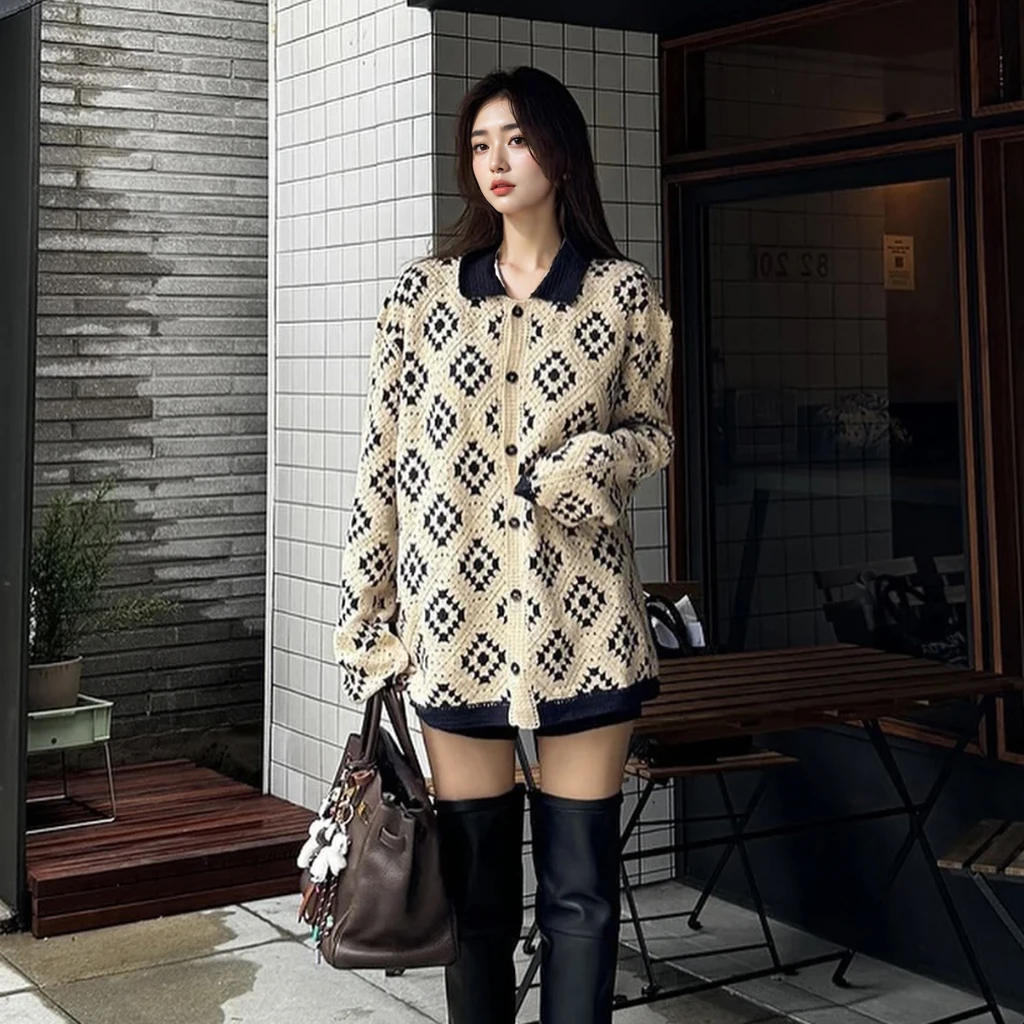 【米兰小镇】松弛感复古慵懒钩花翻领撞色菱格针织开衫.Y886