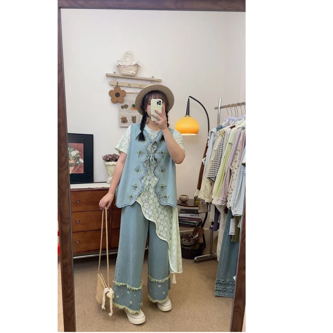 主播同款 夏季日系超百搭显瘦重工刺绣勾花牛仔马甲小花裤三件套