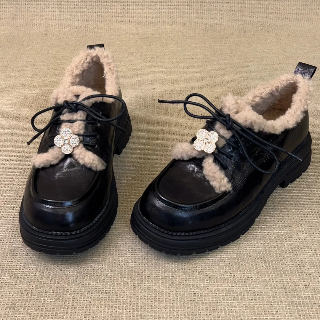 RubyL/4cm秋冬保暖复古通勤百搭系带圆头深口厚底毛毛乐福鞋女款