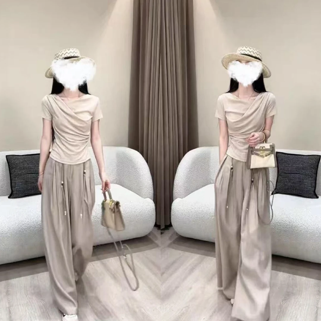 【午茶小调】设计感短袖T恤女2025夏新款修身显瘦上衣+垂感阔腿裤女