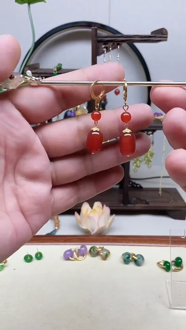 南红玛瑙14K金镶嵌耳饰81号