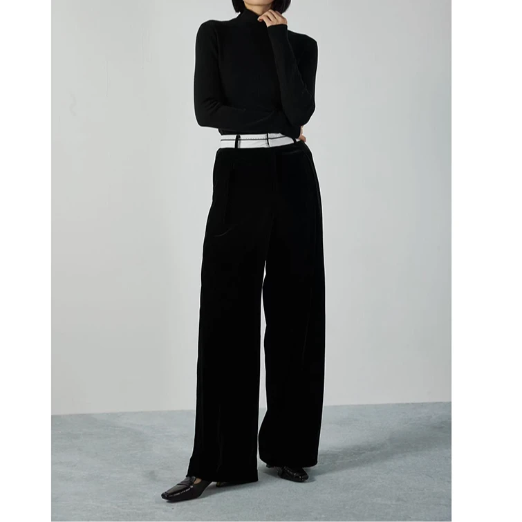 宝丫轻奢  女式时髦复古撞色高腰丝绒直筒休闲裤K1236