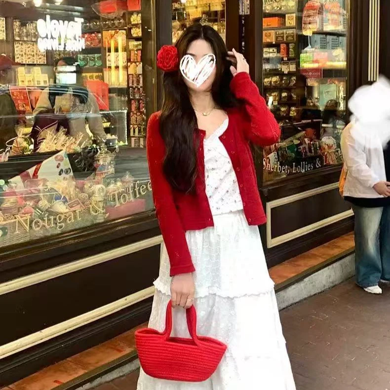 2025复古镂空安克拉红针织开衫女秋季新款长袖外套#8889