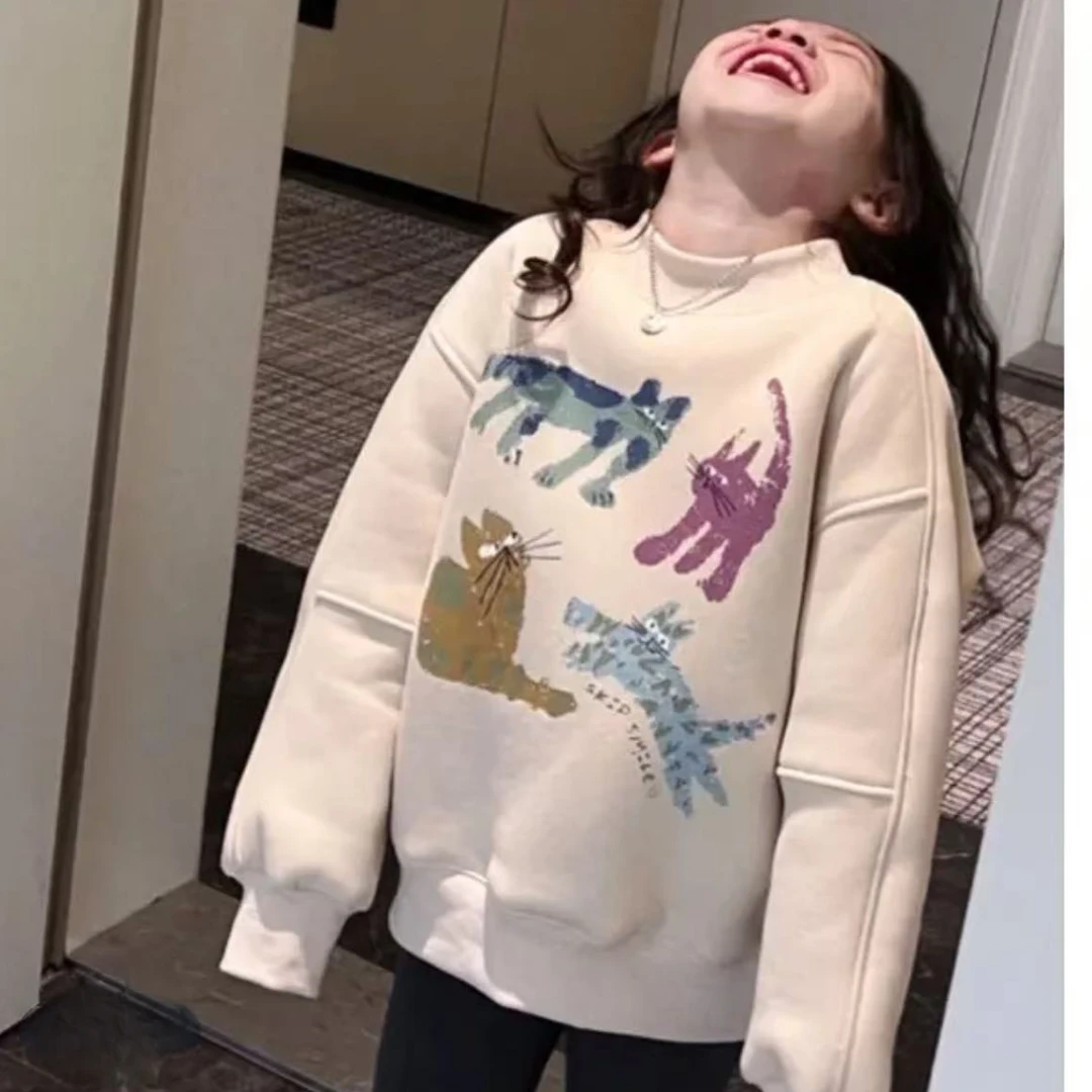 412211《米》小涵家韩版冬季儿童休闲舒适加绒日常百搭猫咪圆领卫衣