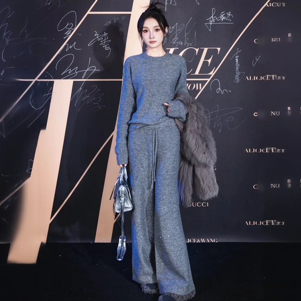 时尚流行简约套装女秋冬季新款慵懒风纯色宽松圆领卫衣长裤两件套