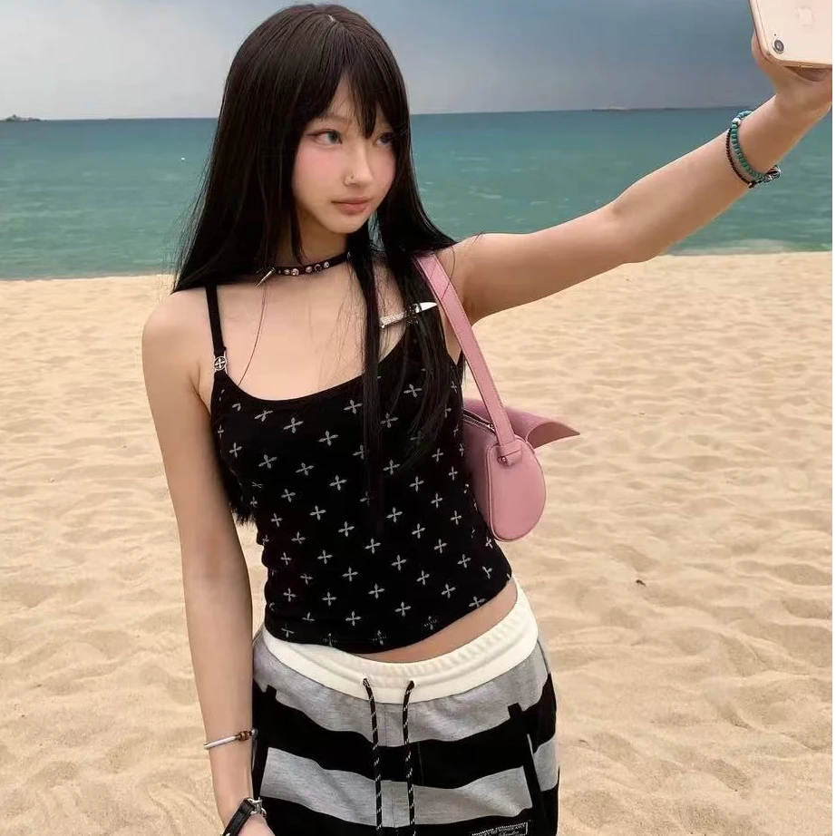 十字花满印吊带背心可调节肩带 性感辣妹吊带