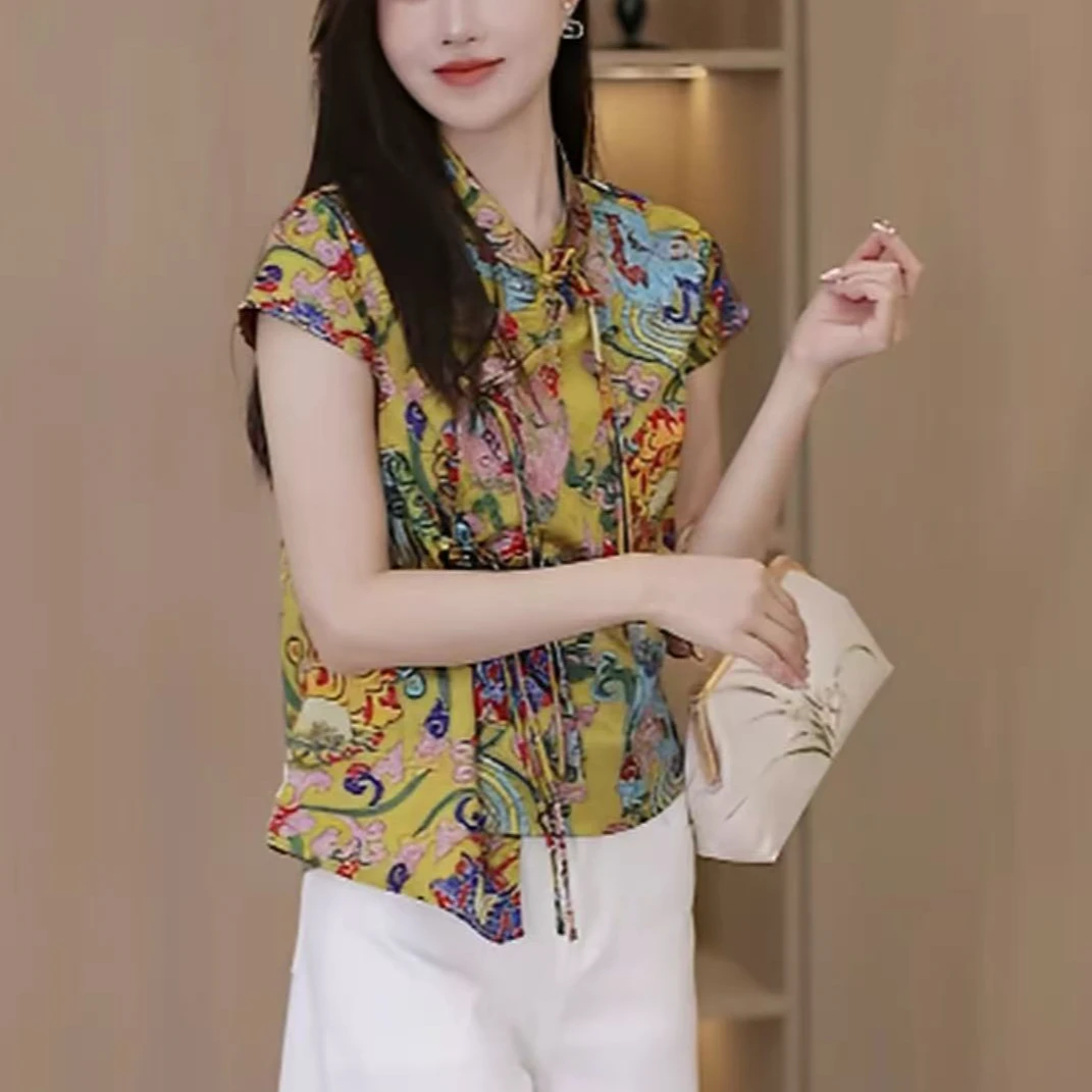 【388~繁花瑞凤】设计师款新中式国风夏季薄款立领高定衬衫T恤上衣