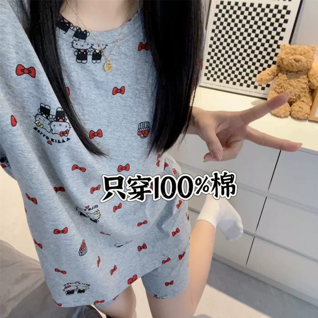 夏季纯棉休闲简约睡衣女短袖短裤家居服（ KT猫咪两件套）