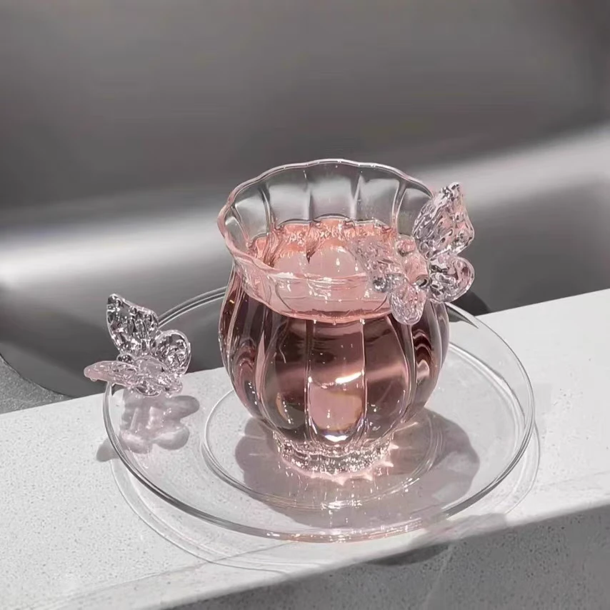 百垚粉蝴蝶花苞玻璃杯家用创意清新喝茶杯品茗杯小仙女专用品茗杯