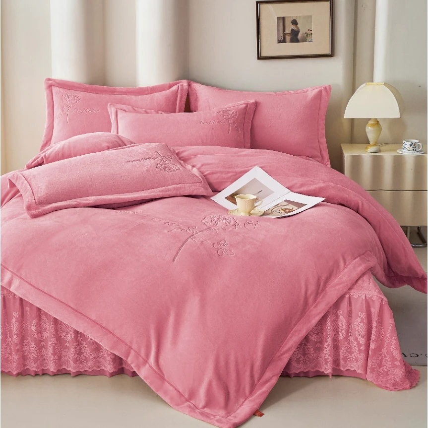 新款高克重欧根纱加绒加厚夹棉床盖床裙蝶恋花牛奶绒铂金绒四件套