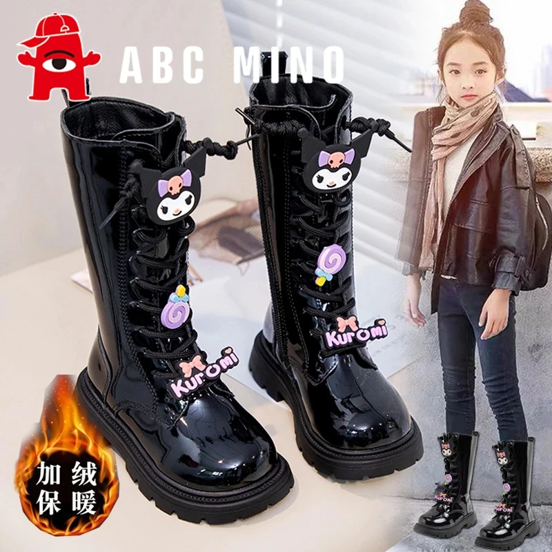 ABC MINO女童长筒靴子冬季加绒保暖库洛米儿童马丁靴女孩皮靴防寒