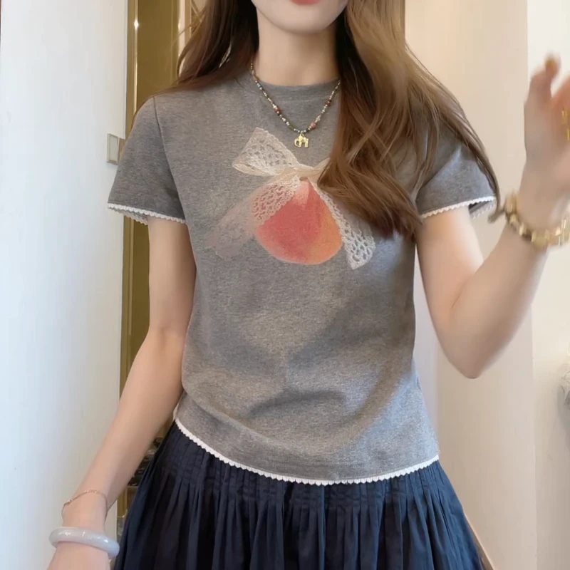 【蝴蝶结桃桃】2025新款夏季时尚百搭可爱印花短袖T恤LK2503530
