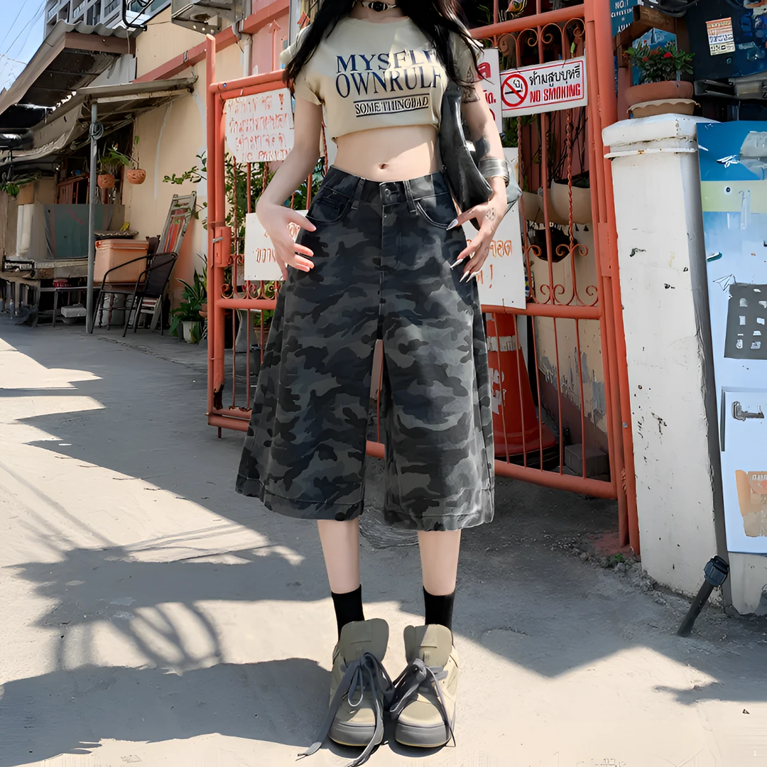 美式高街迷彩七分直筒牛仔中裤女夏季高腰宽松显瘦七分阔腿牛仔裤