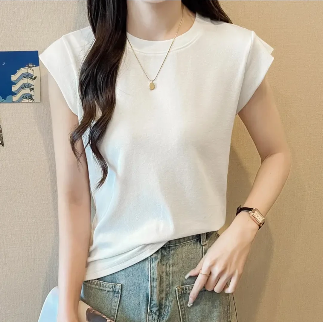 百搭洋气莱赛尔天丝小飞袖薄款T恤衫女夏季显瘦透气圆领包袖上衣