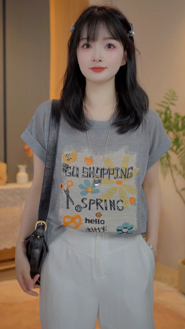 卡通花朵夏季短袖爆款冰感透气凉爽舒适圆领上衣 466