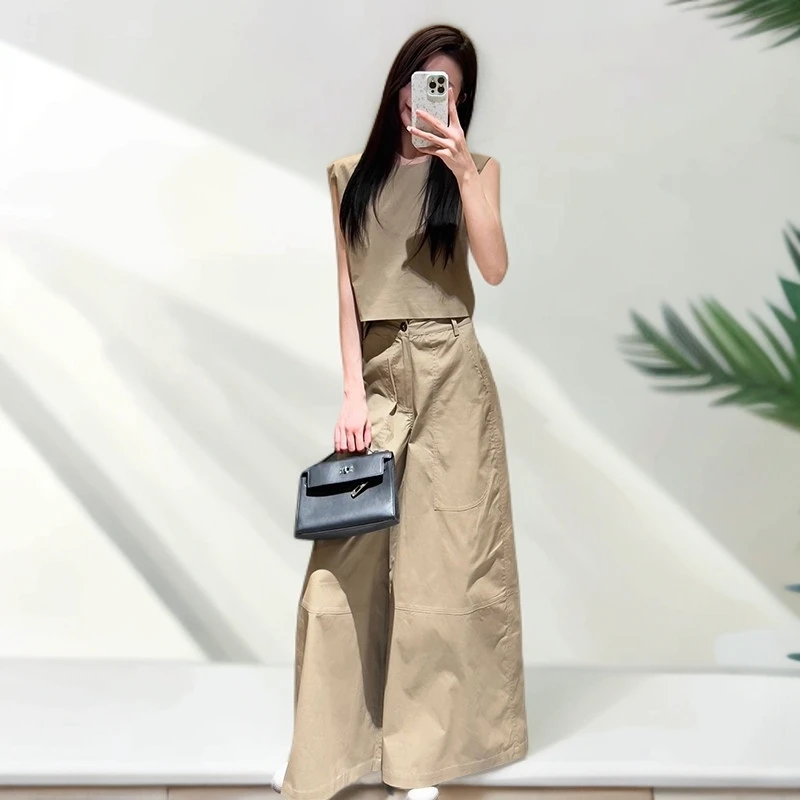 画枕眠2025夏美式辣妹休闲圆领无袖马甲工装裤美拉德两件套