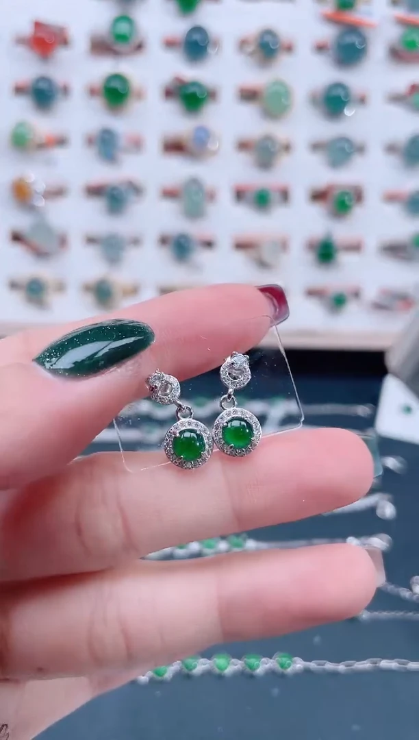 银S925镶嵌翡翠耳饰天然翡翠