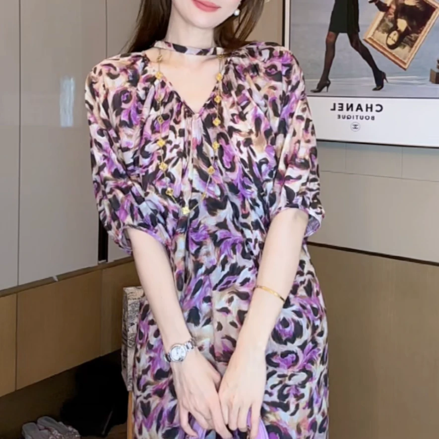 【丝芙玉禄】（S218）真丝双绉桑蚕丝气质印花减龄宽松女装连衣裙