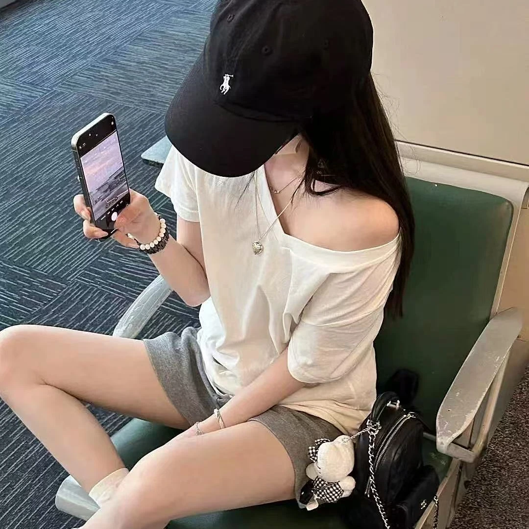 正肩V领短袖T恤女夏韩版潮休闲百搭宽松显瘦慵懒半袖体恤上衣服