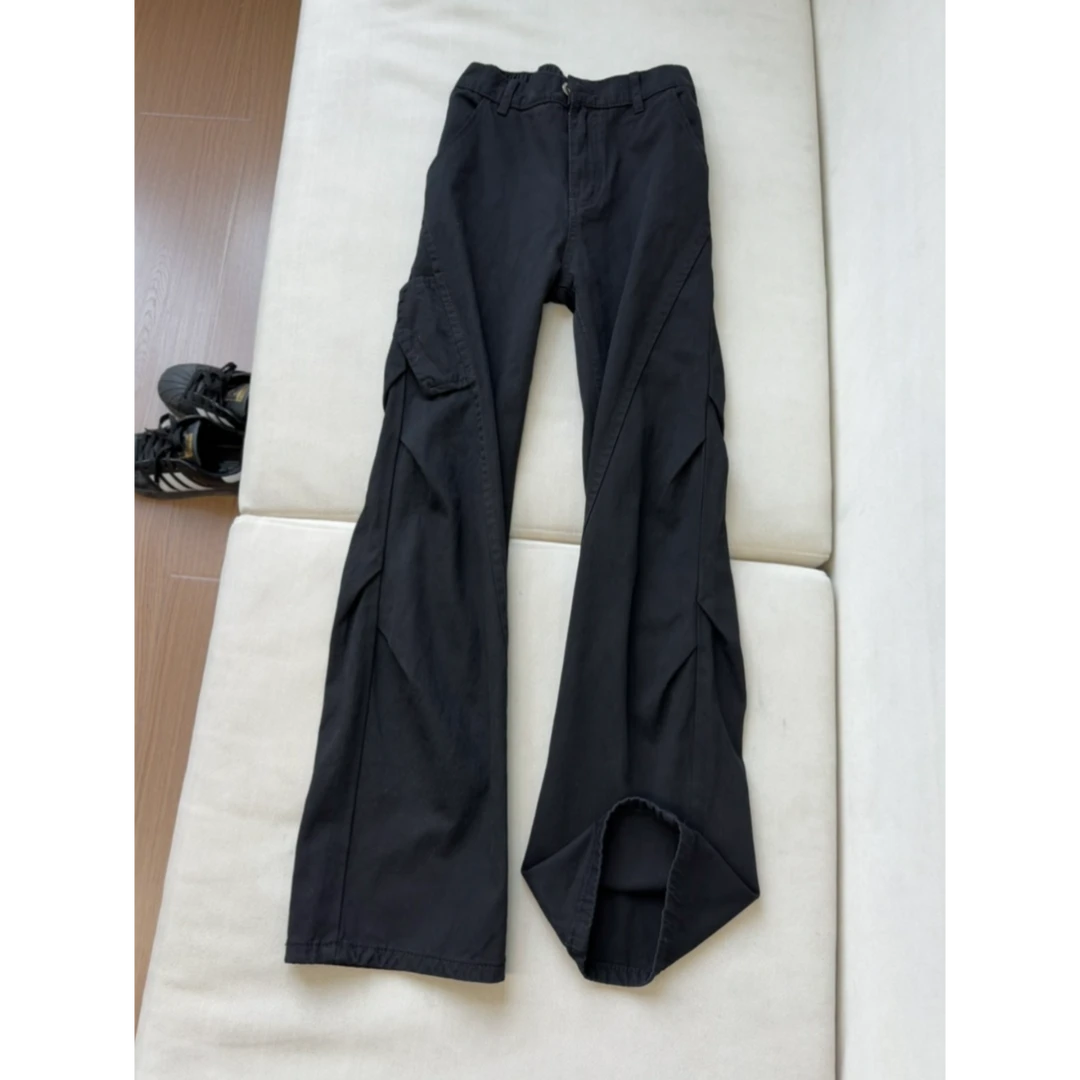 美式复古斜切纯棉牛仔裤男款秋冬褶皱遮肉显瘦工装裤潮牌加绒裤子