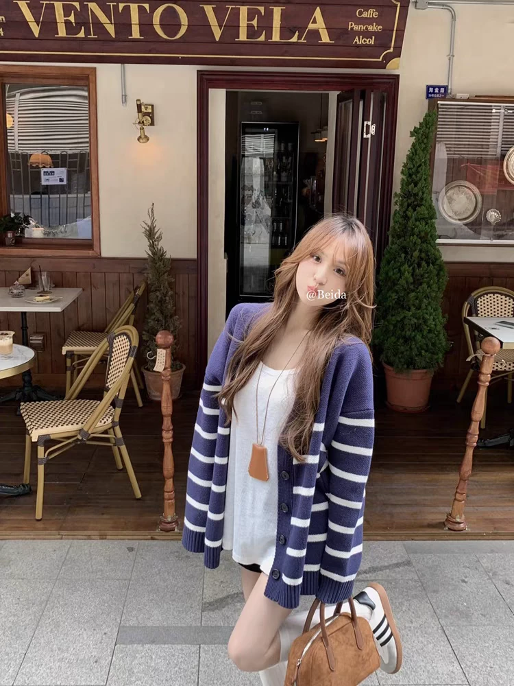 藏青色条纹开衫针织衫毛衣长袖秋季2025新款宽松百搭中长款上衣