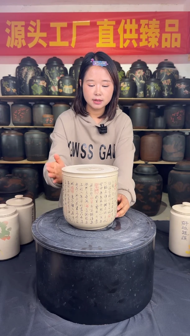 罐建水紫陶白泥亮光刻填茶罐007