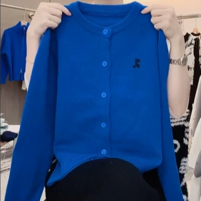 《妞妞》秋冬新款纯色克莱因蓝圆领针织开衫012833-蓝色
