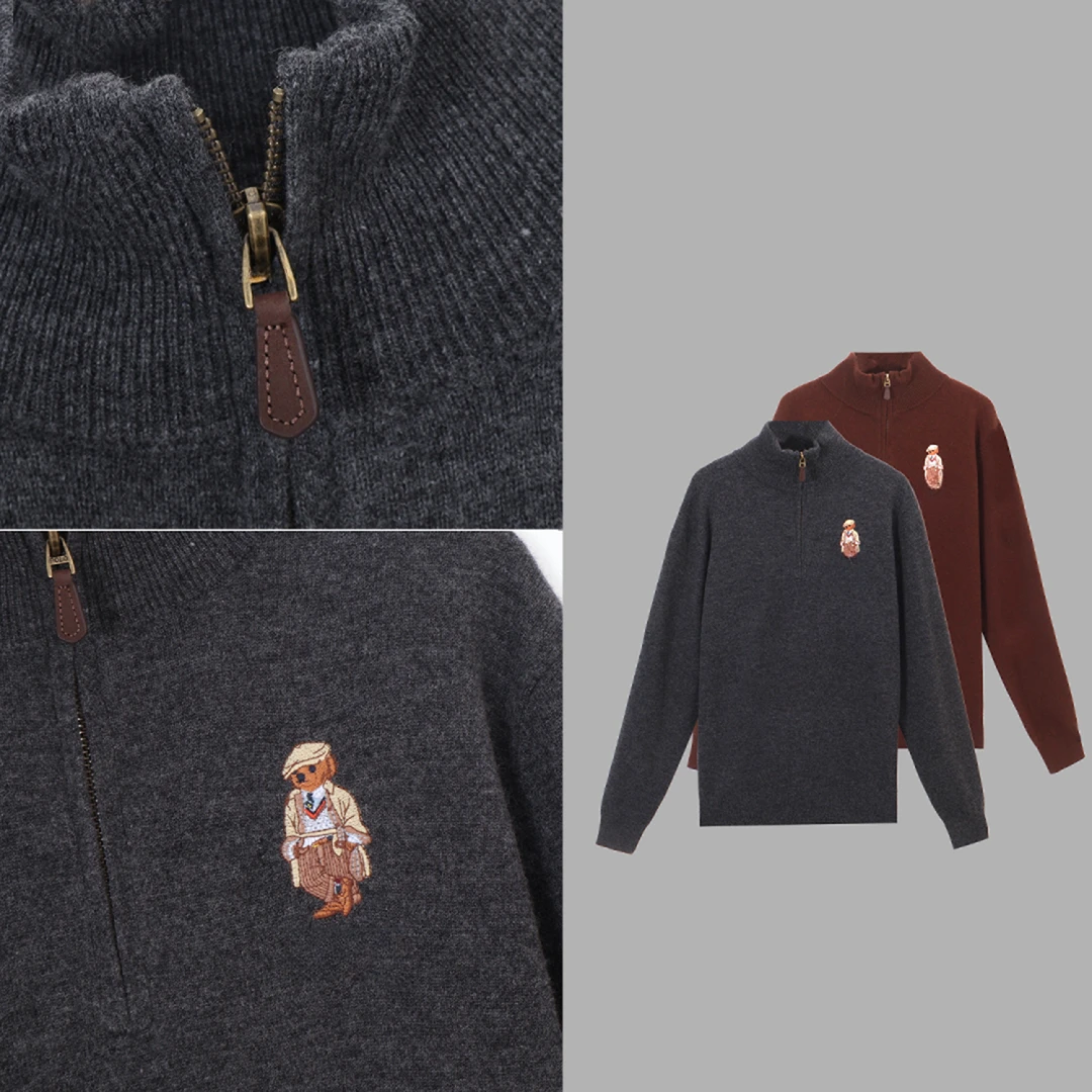 3687#可爱小熊刺绣高级感半拉链立领毛衣