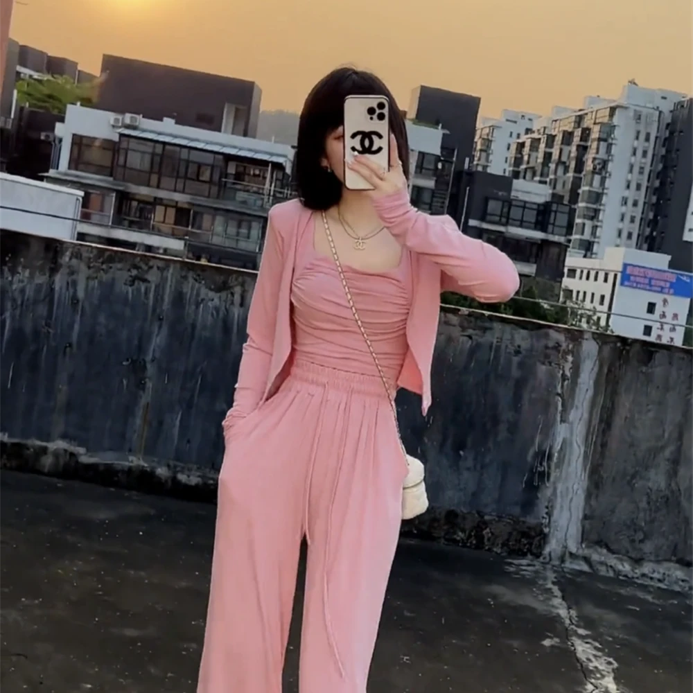 2025春秋新款时尚套装女韩系开衫吊带背心高腰直筒长裤三件套潮