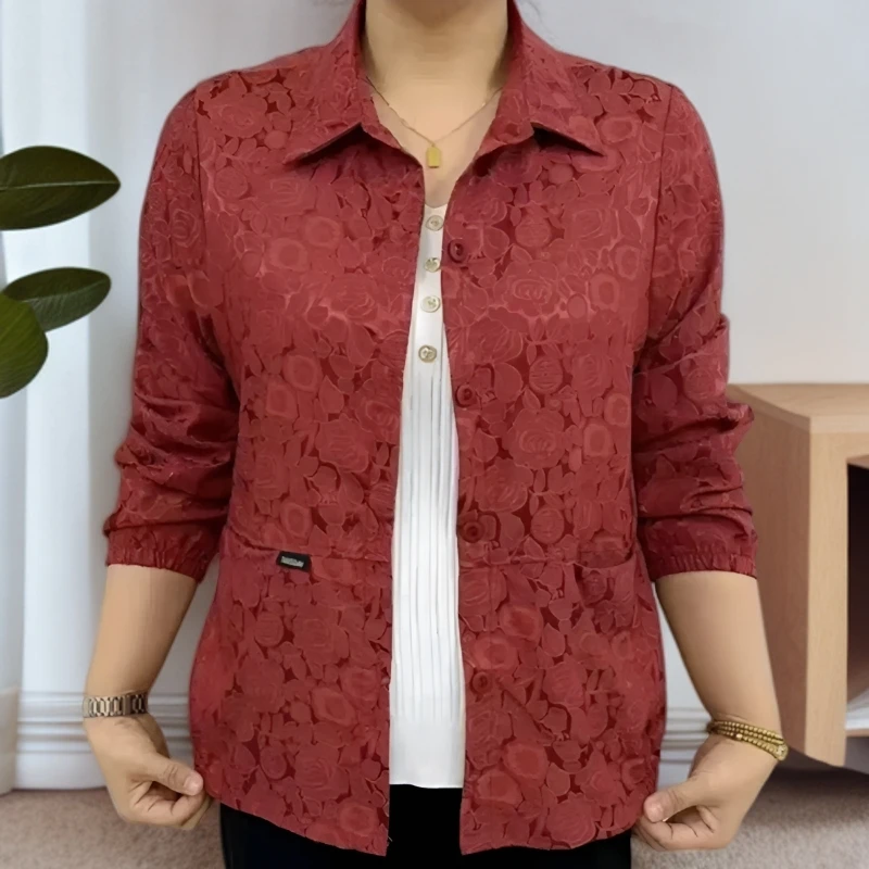 洋气妈妈装薄款高档外套中老年女装春夏秋三季翻领提花气质衬衫