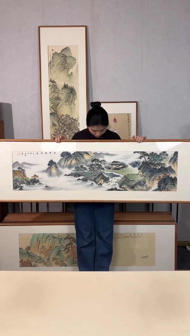 国画手绘*泛舟访友*52*172cm*原木色木框