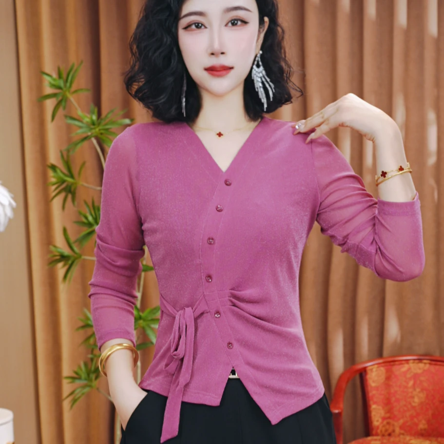 秋季新款休闲洋气长袖气质百搭V领不规则显瘦开衫扣上衣小衫