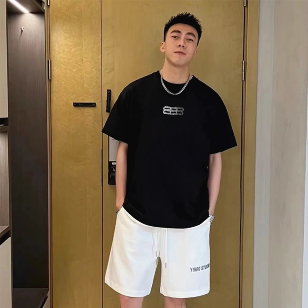 美式潮牌潮流印花纯棉短袖t恤男夏季个性黑色宽松百搭ins半袖圆领