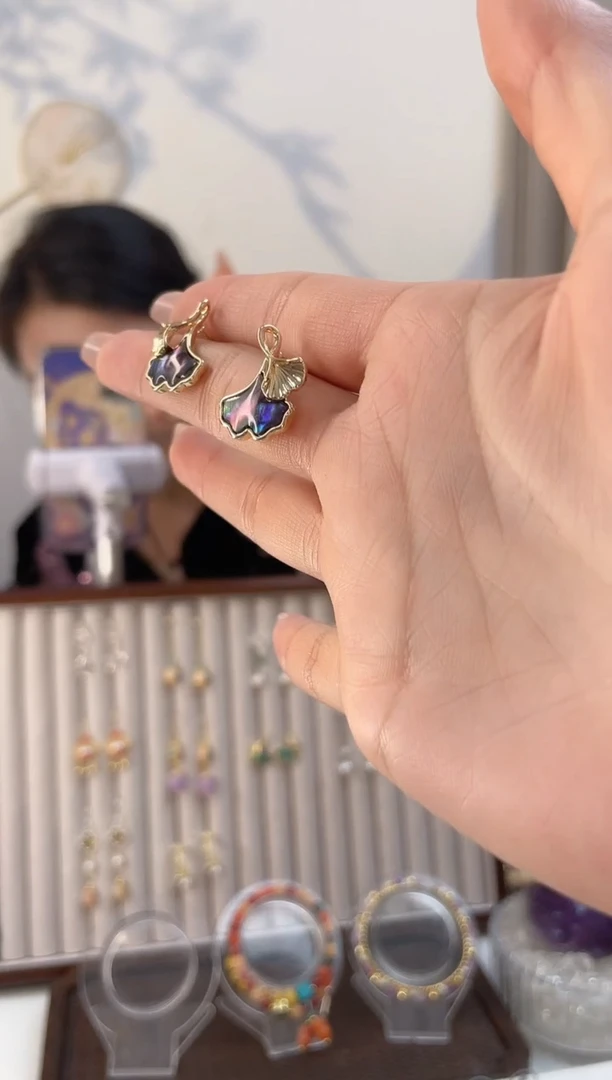 纯铜合金琉璃3-5鲍鱼银杏叶耳钉