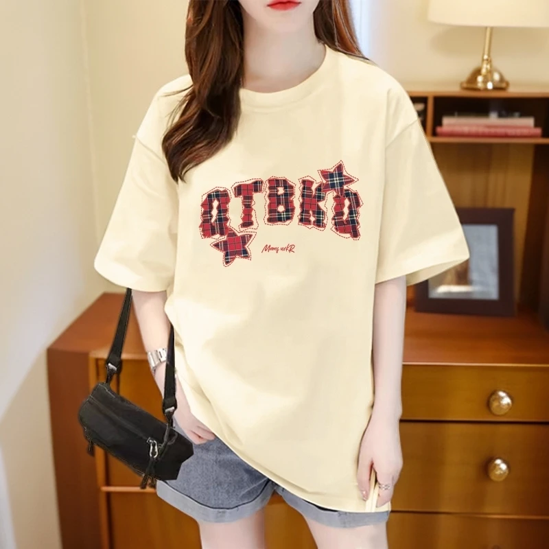 宽松休闲百搭圆领时尚圆领字母印花夏季纯棉小众减龄韩版t恤上衣