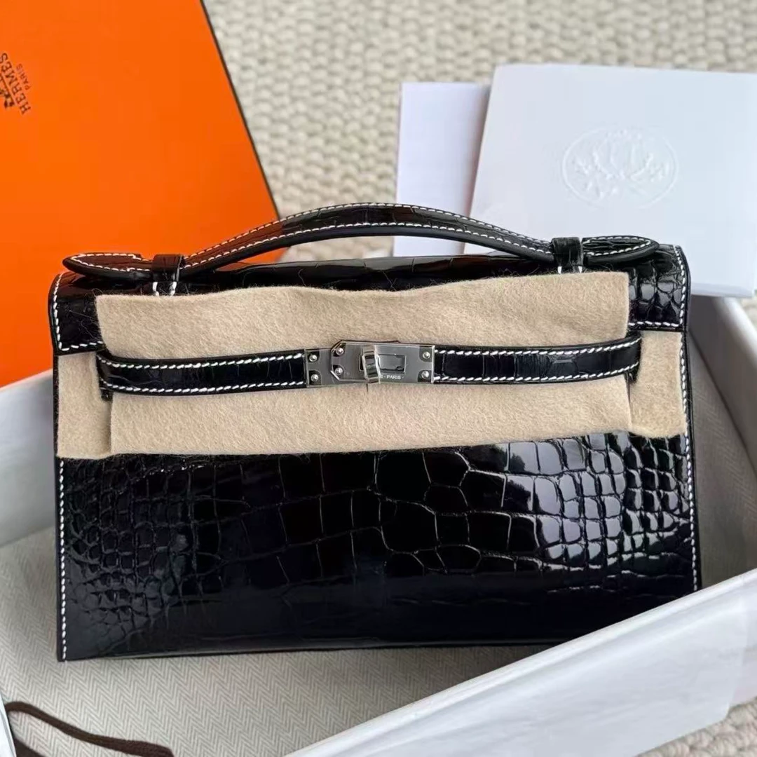 未使用 Hermes/爱马仕 minikelly一代黑银鳄鱼亮面K刻