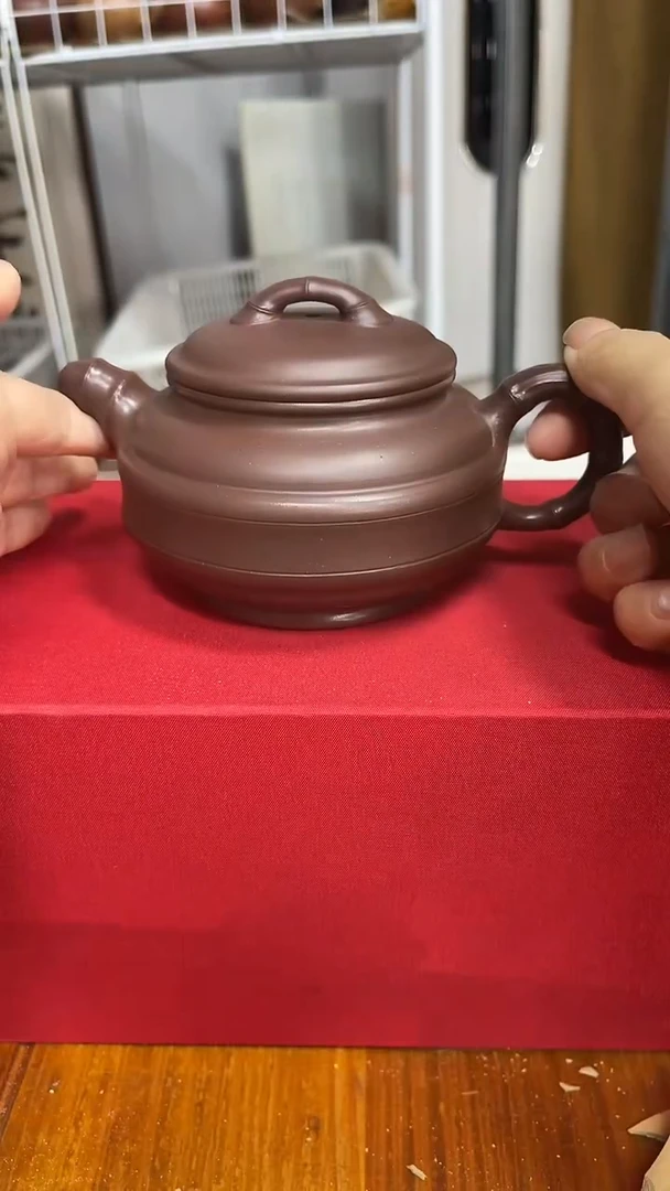 茶壶紫砂紫泥双线竹鼓