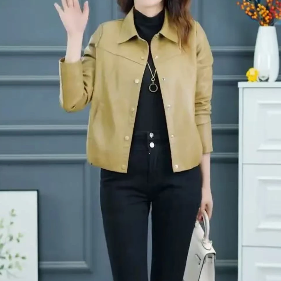 春秋新款纯色皮衣时尚显瘦百搭高级感机车休闲短款外套6527长56