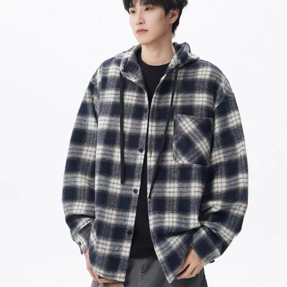 港风格子连帽衬衫外套男女秋冬厚款2025年新款宽松慵懒风外套