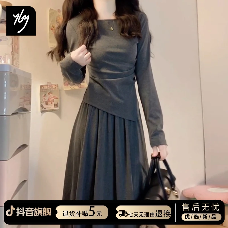 法式灰色套装连衣裙子女秋冬季2026新款气质韩系高级感穿搭一整套