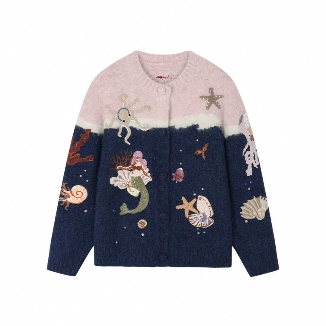 【Y1235】新25新冬季海洋生物提花宽松针织开衫上衣