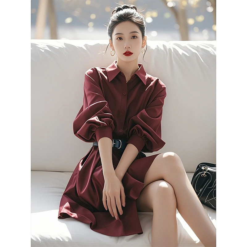 红色翻领长袖衬衫连衣裙出席重要场合的减龄气场强大收腰裙