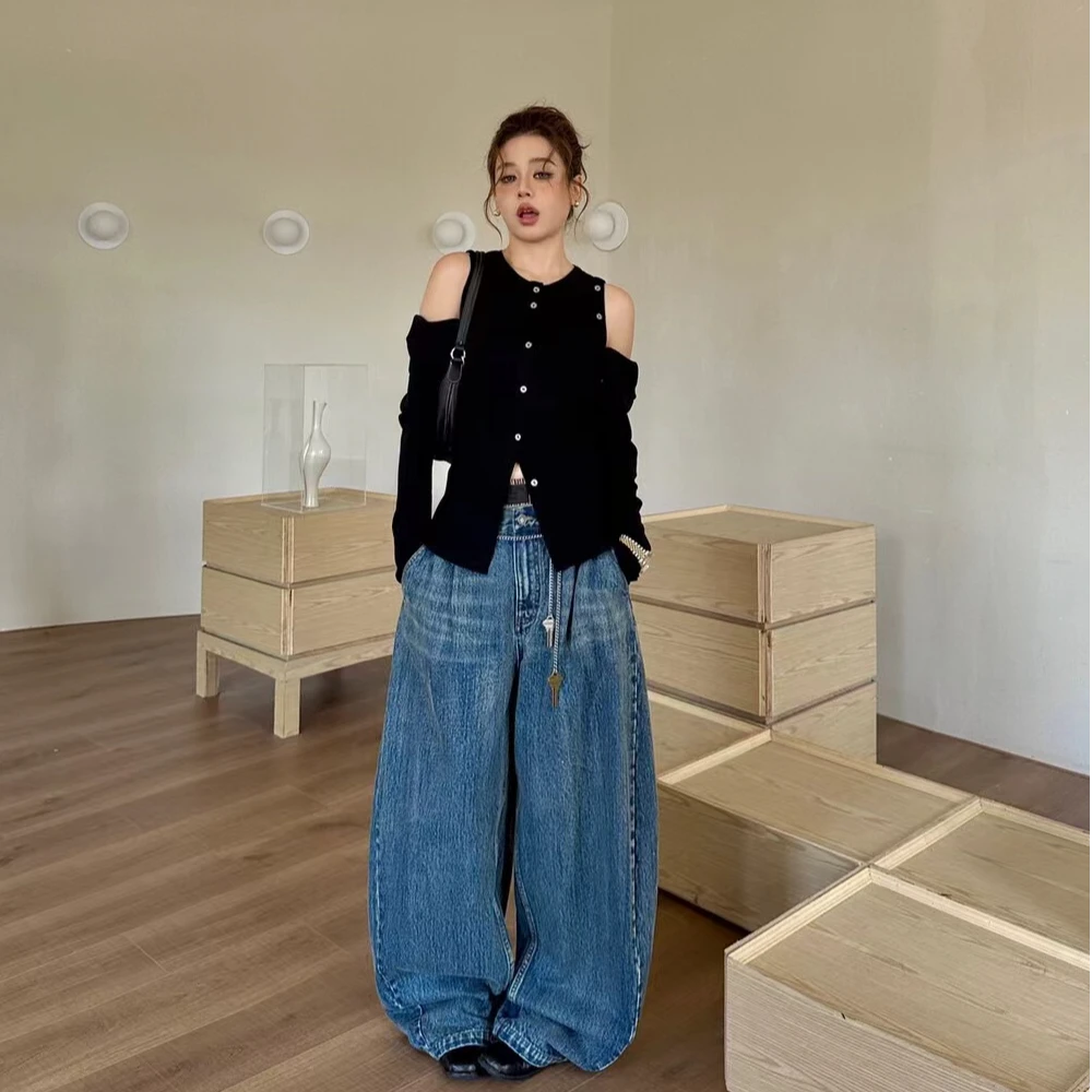 89759宽松牛仔阔腿裤秋冬厚款百搭时尚